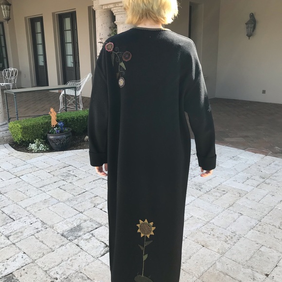 SOLD Custom Long Black Wool Coat with Flower, Bird, Heart Appliques Not sized - Picture 11 of 12